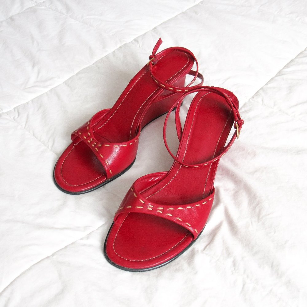 FRANCO SARTO Red Ankle Strap Wedge Heels Open Toe Sandals Sexy Chic Pair! - Picture 12 of 13